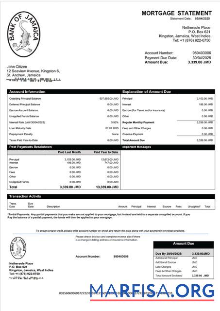 Printable Jamaica Bank of Jamaica mortgage statement Word and PDF template